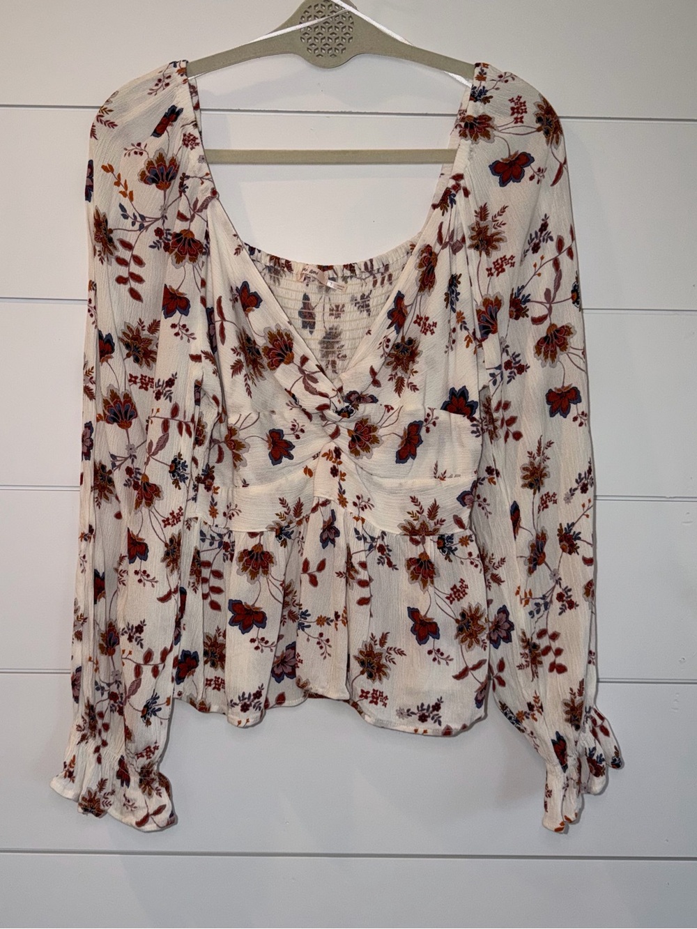 Mi Ami Francescas Floral Peplum Blouse L EUC Boho Cottagecore Long Sleeve Top